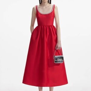 Self-Portrait Red Taffeta Diamante Midi Dress - Size UK 14/ US 10